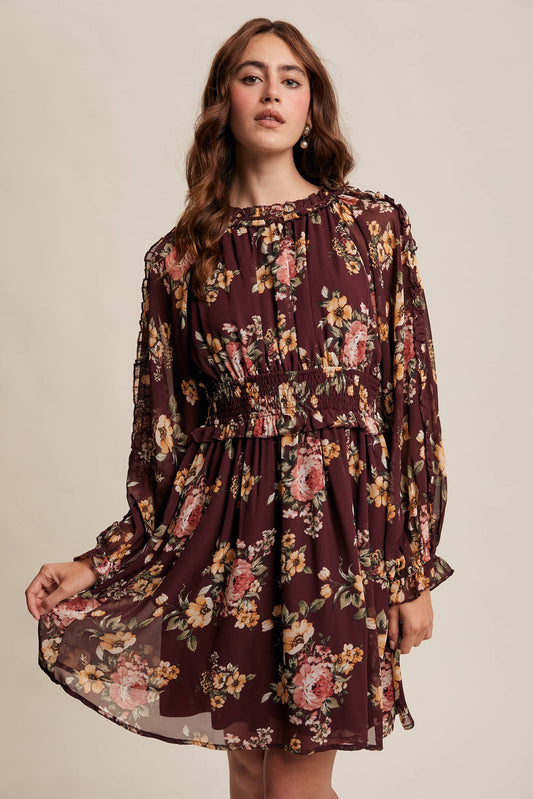 Floral Smocked Waist Chiffon Dress