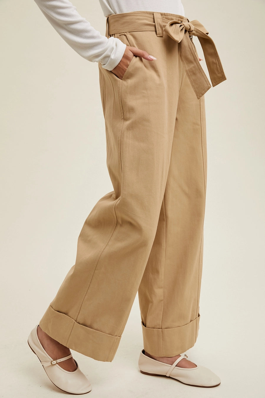 Cuffed Wide Leg Belted Pants