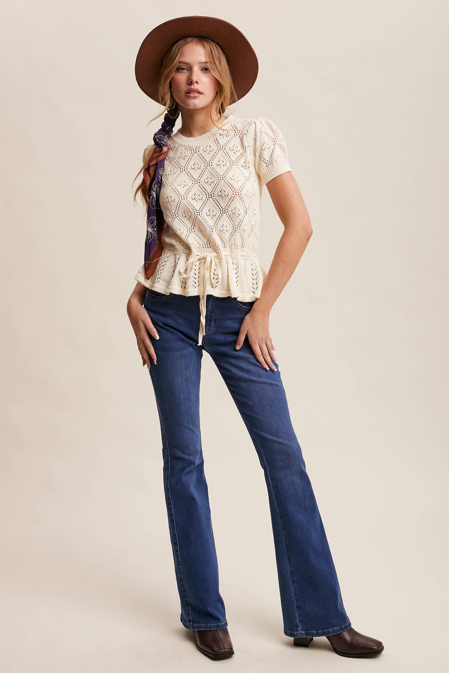 Pointelle Knit Peplum Top