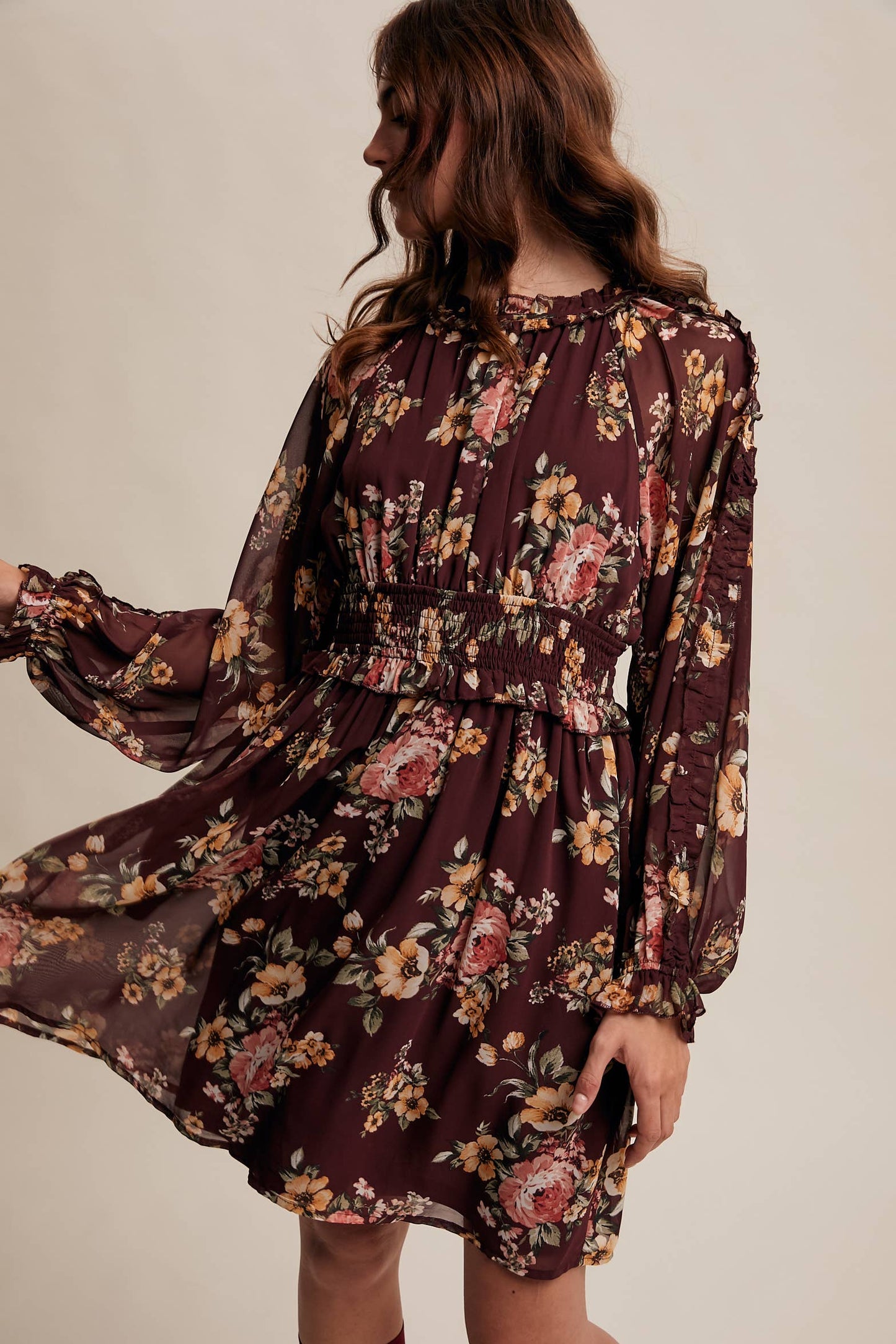 Floral Smocked Waist Chiffon Dress