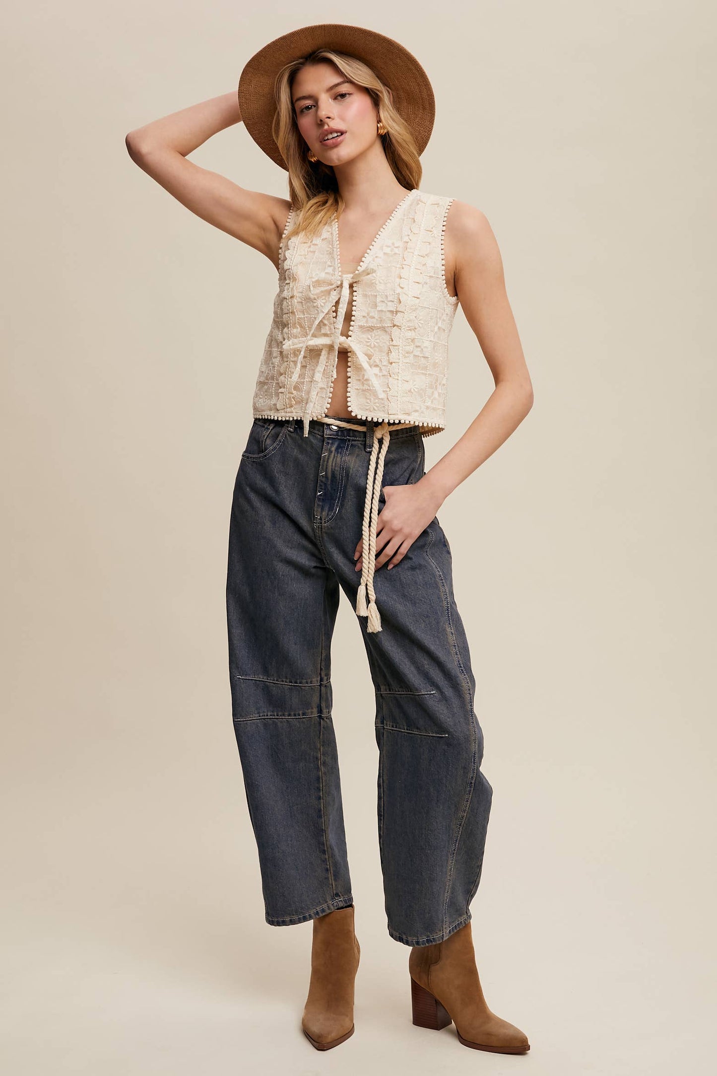 Embroidered Lace Tie-Front Vest