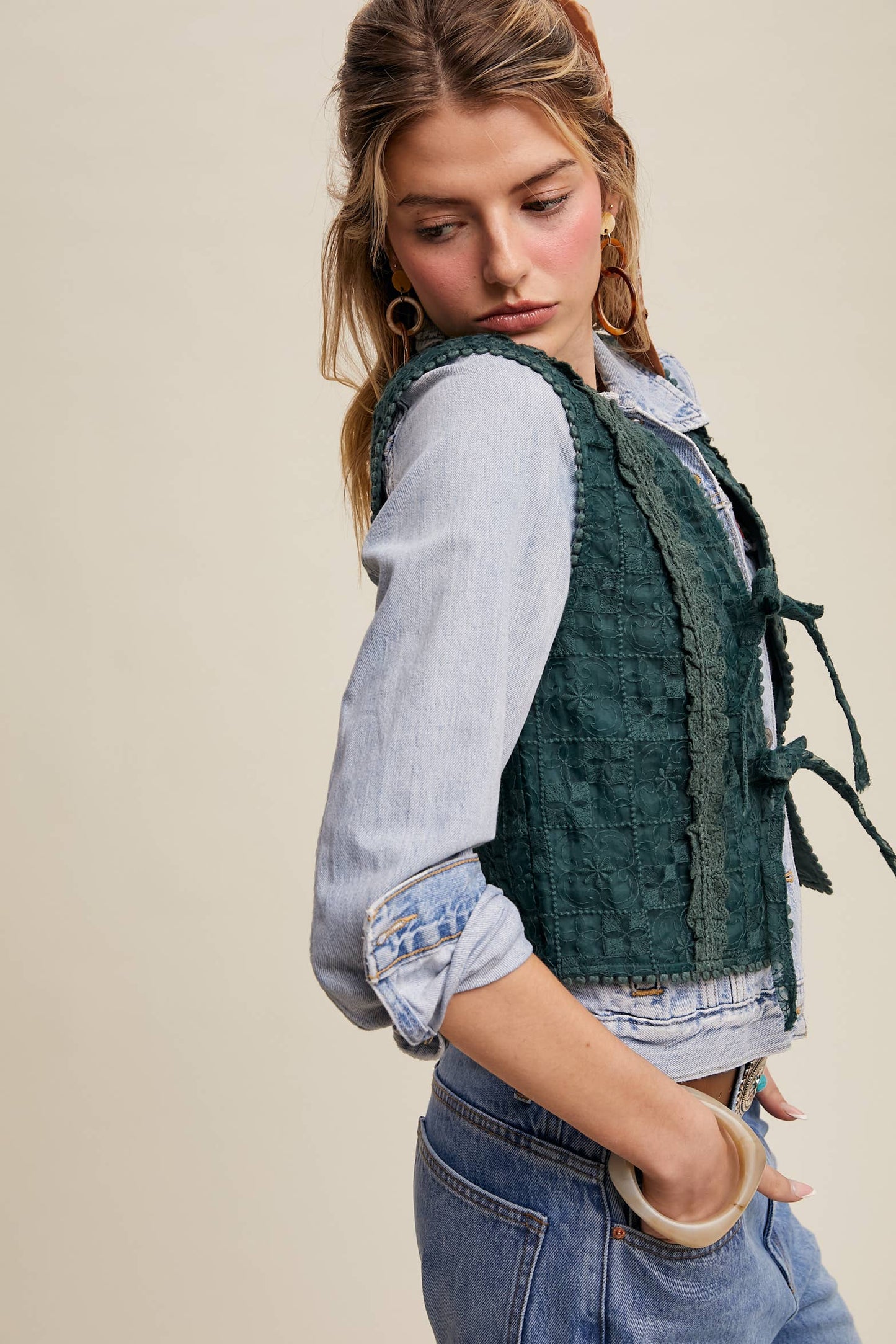 Embroidered Lace Tie-Front Vest
