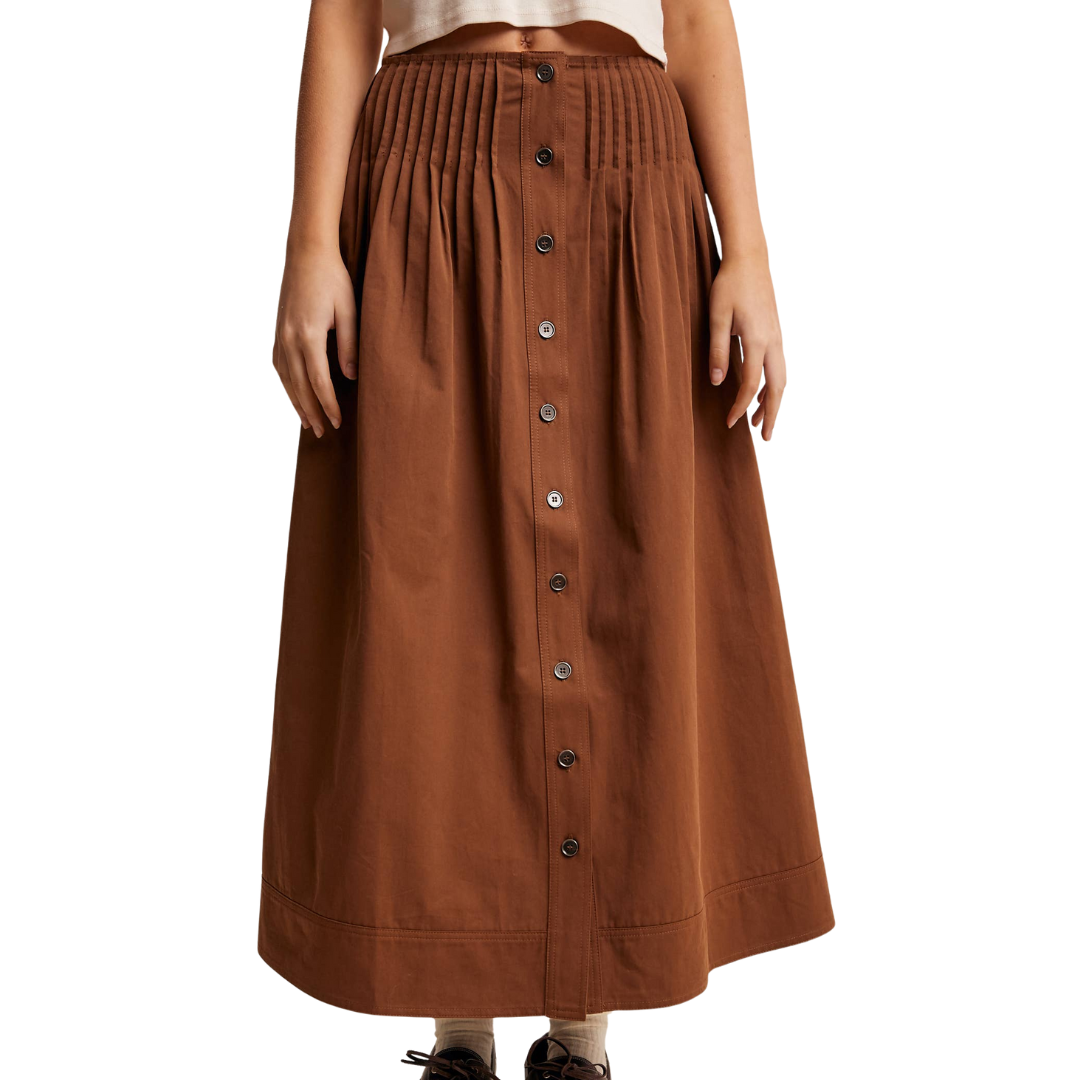 Button Front Pleated Waist Maxi Skirt
