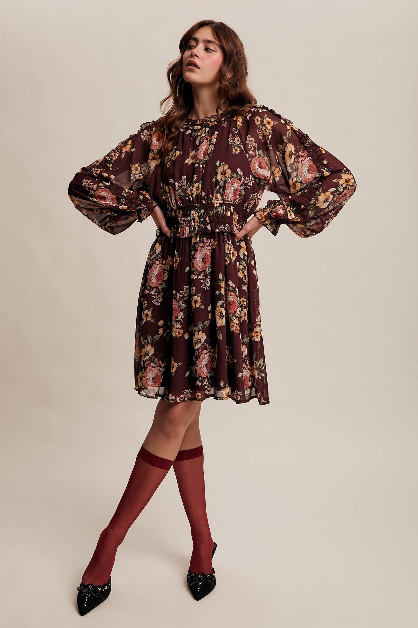 Floral Smocked Waist Chiffon Dress