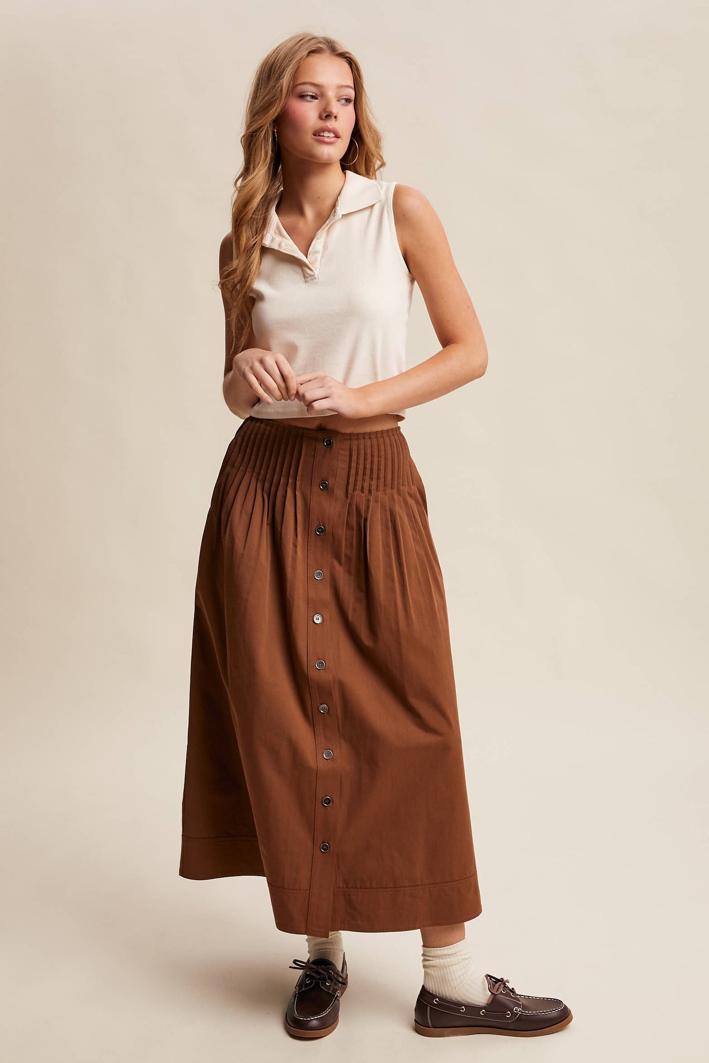 Button Front Pleated Waist Maxi Skirt
