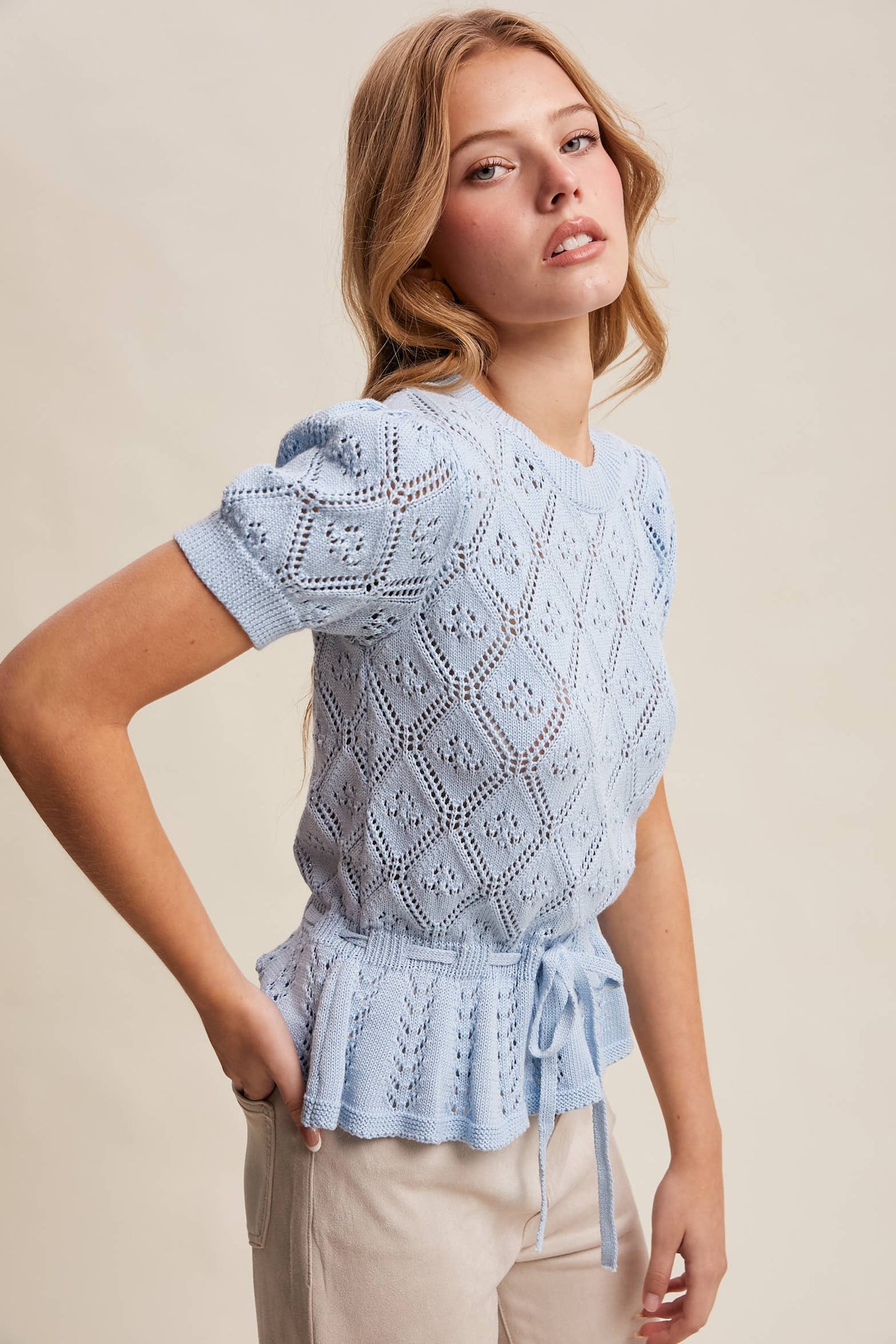 Pointelle Knit Peplum Top