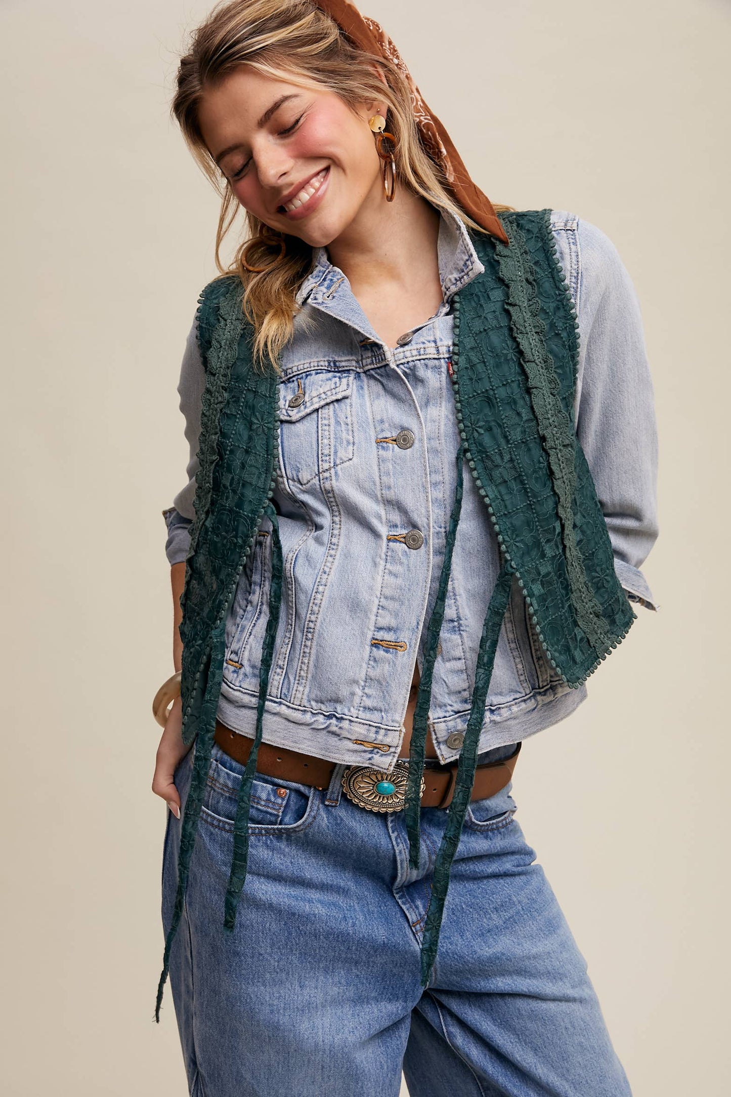 Embroidered Lace Tie-Front Vest