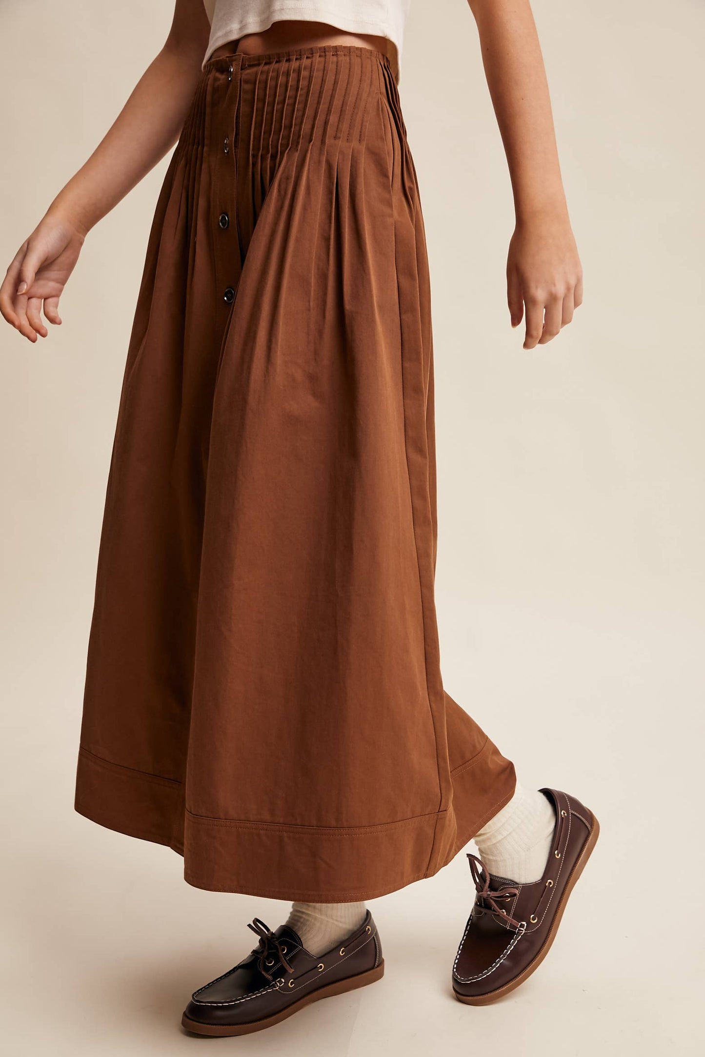Button Front Pleated Waist Maxi Skirt