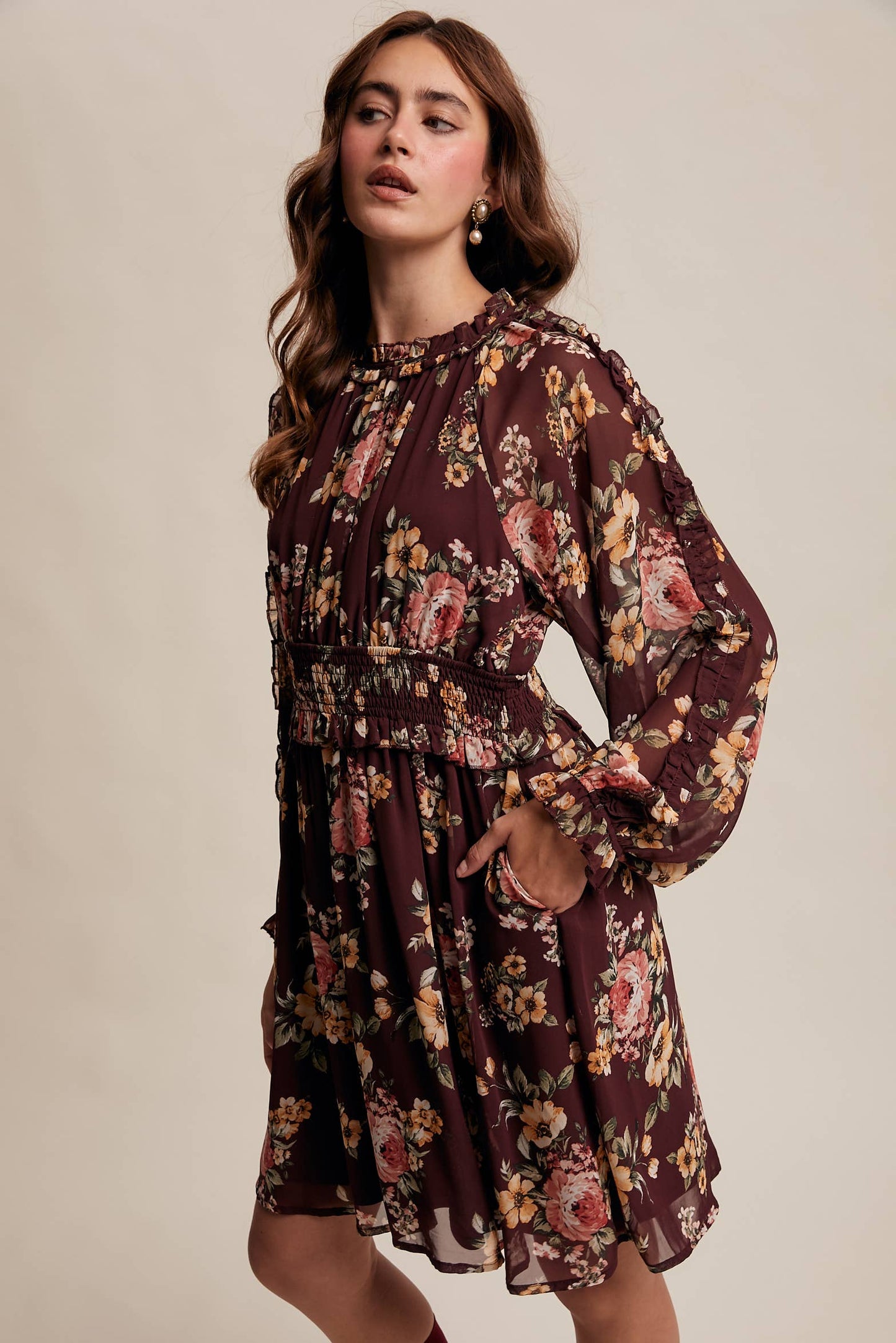 Floral Smocked Waist Chiffon Dress