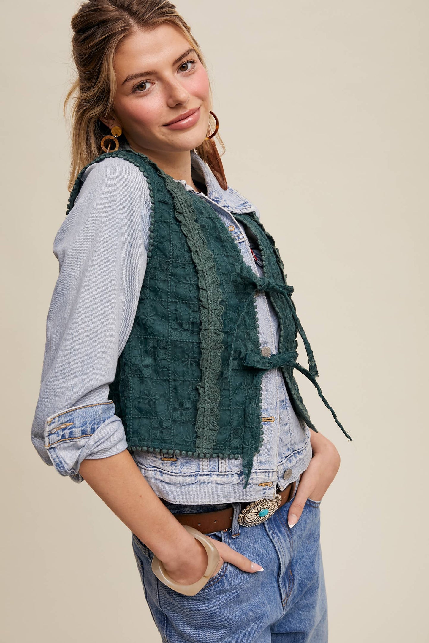 Embroidered Lace Tie-Front Vest