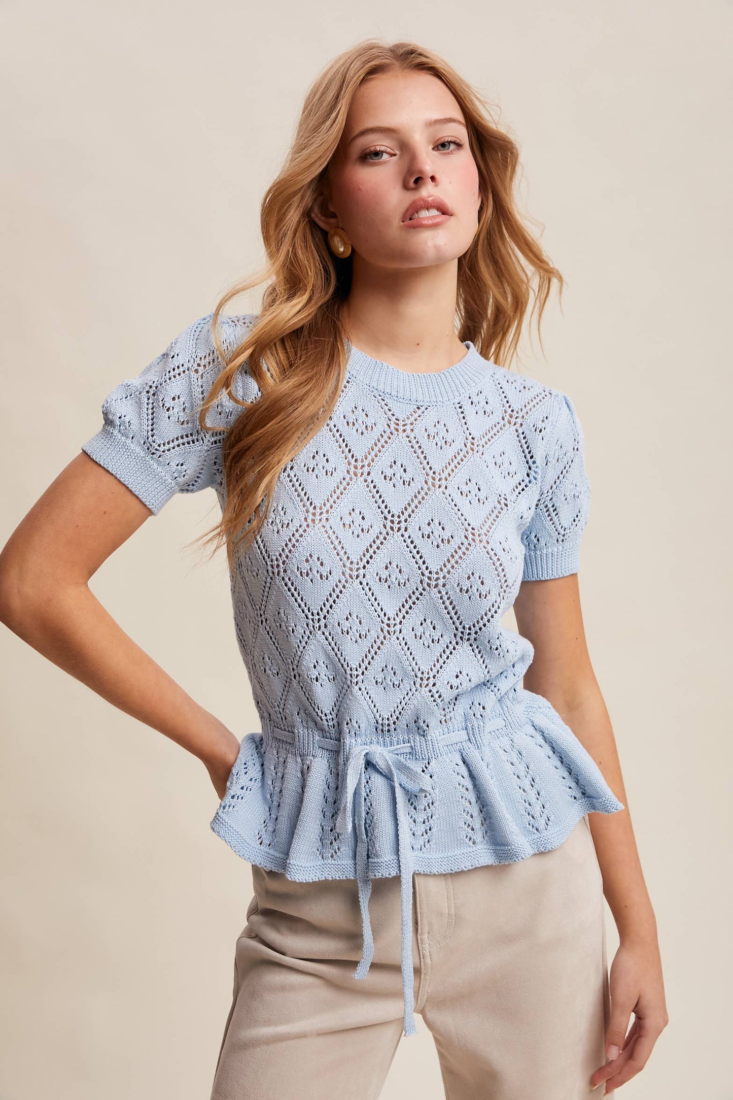 Pointelle Knit Peplum Top