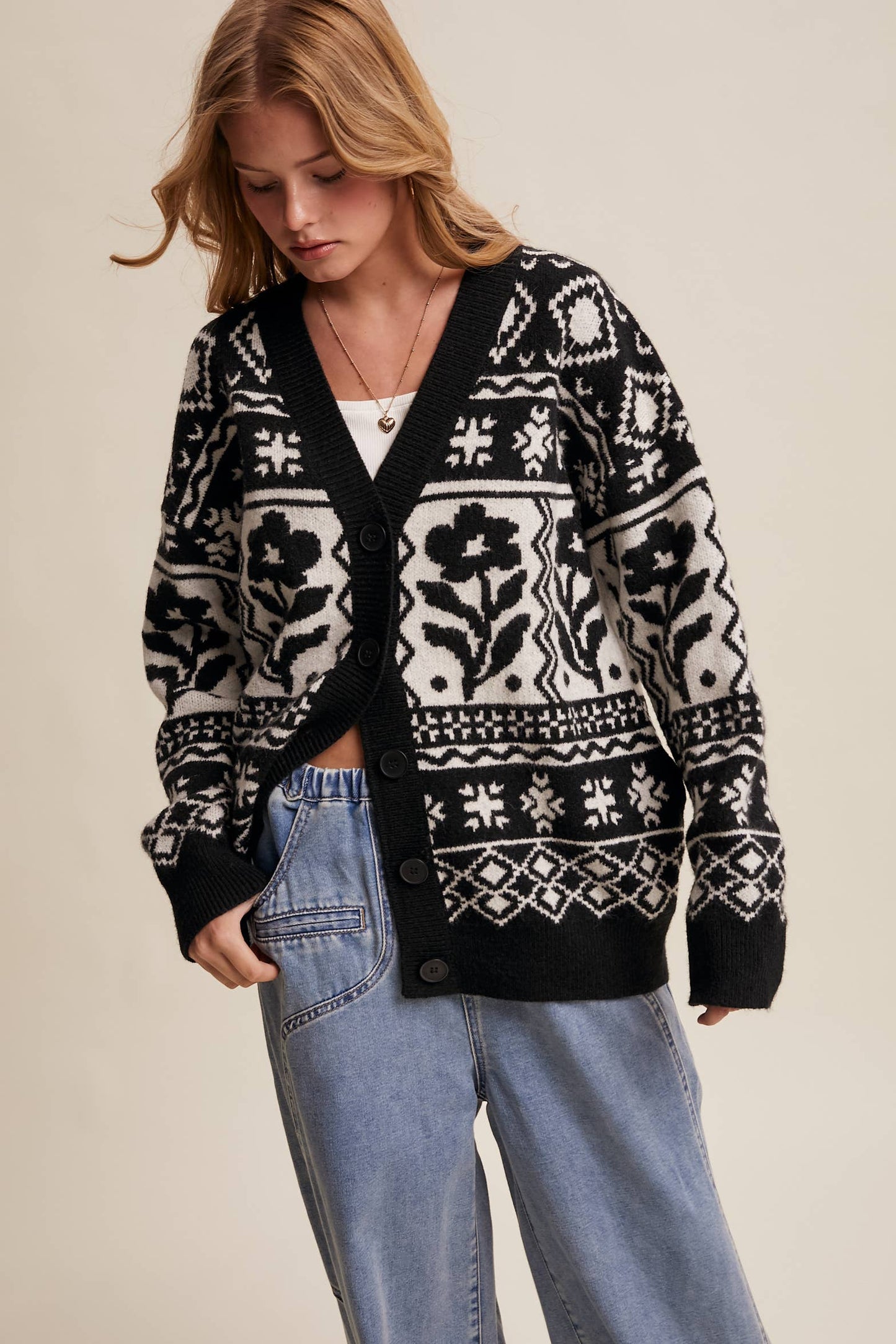 Fair Isle Floral Knit Cardigan