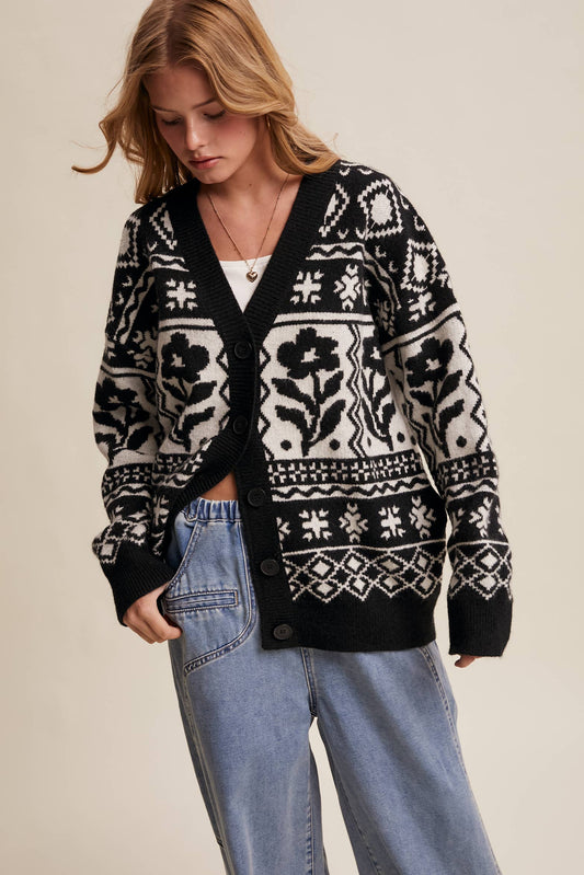 Fair Isle Floral Knit Cardigan