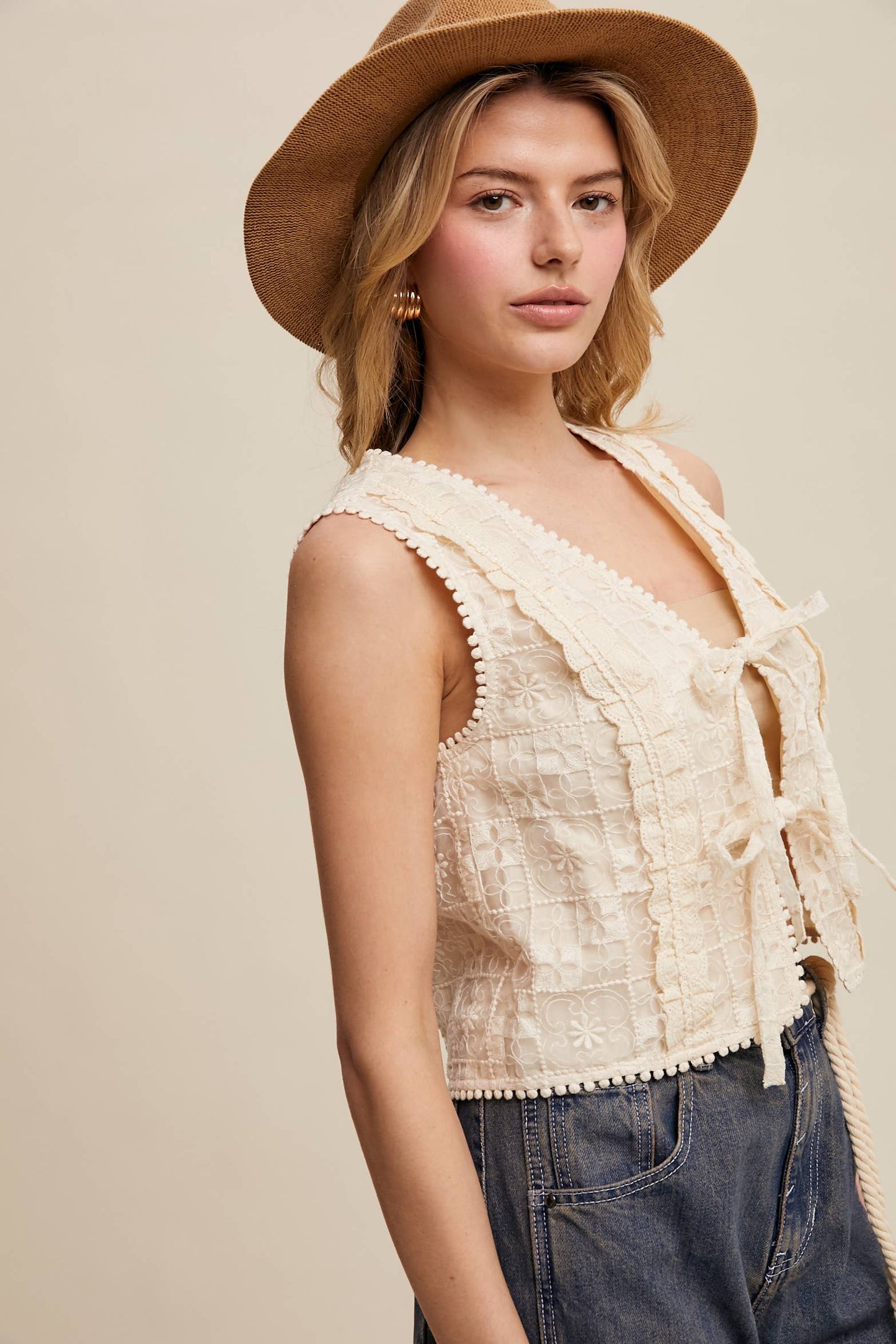Embroidered Lace Tie-Front Vest