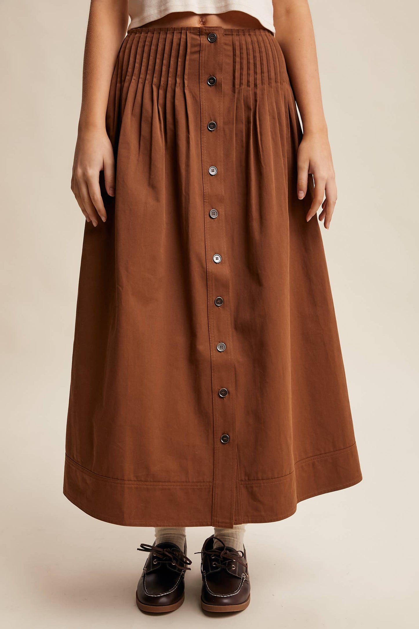 Button Front Pleated Waist Maxi Skirt
