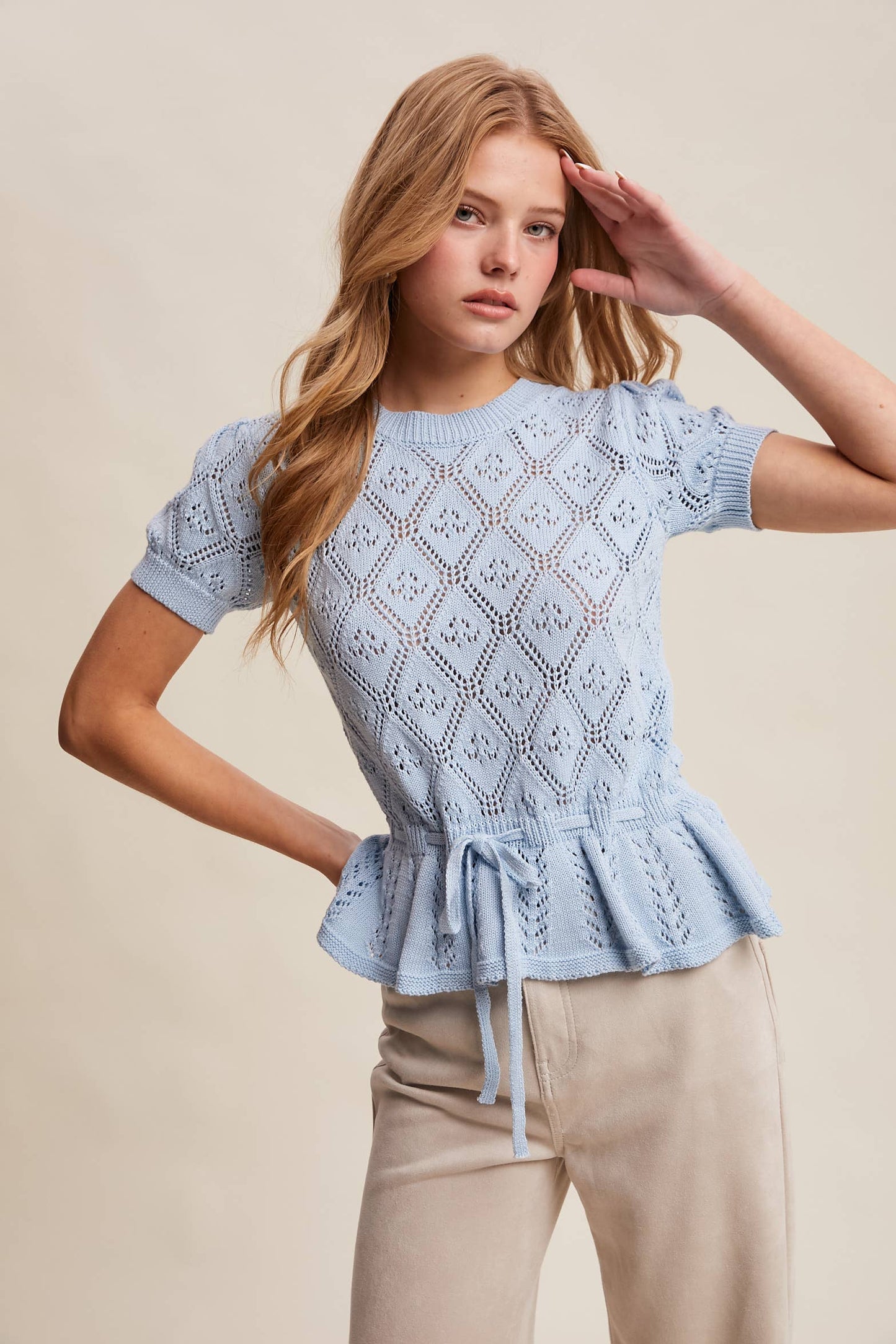 Pointelle Knit Peplum Top