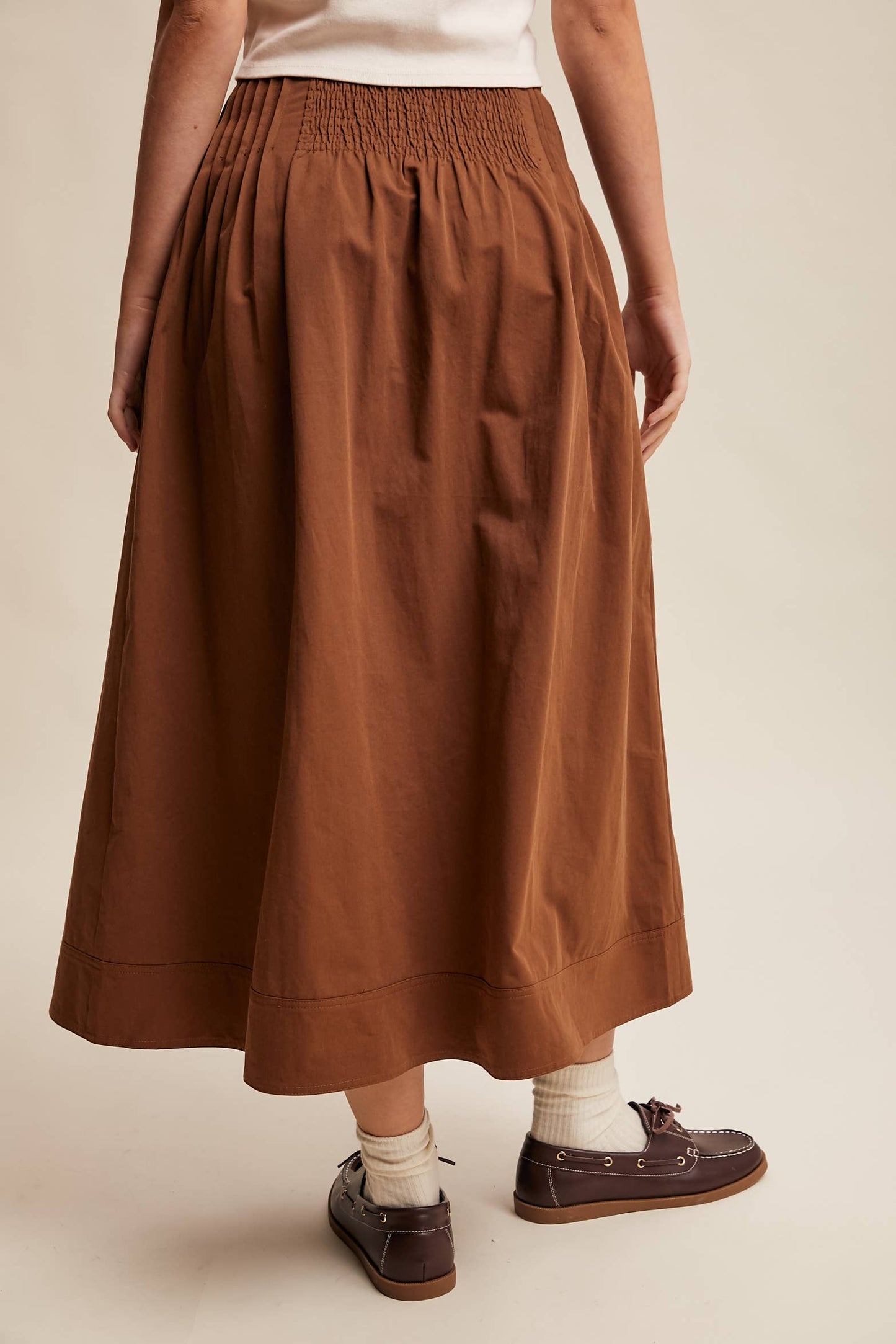 Button Front Pleated Waist Maxi Skirt