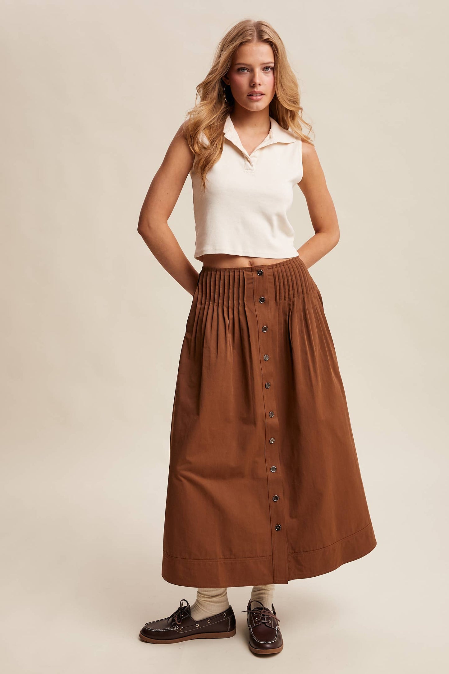 Button Front Pleated Waist Maxi Skirt