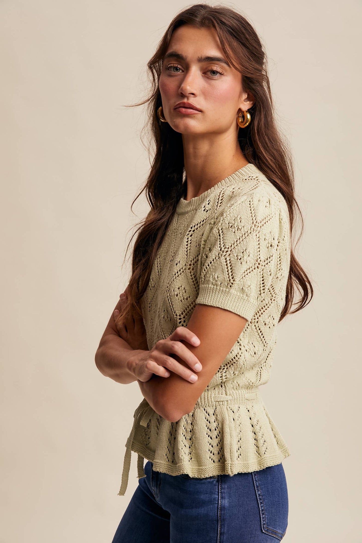 Pointelle Knit Peplum Top