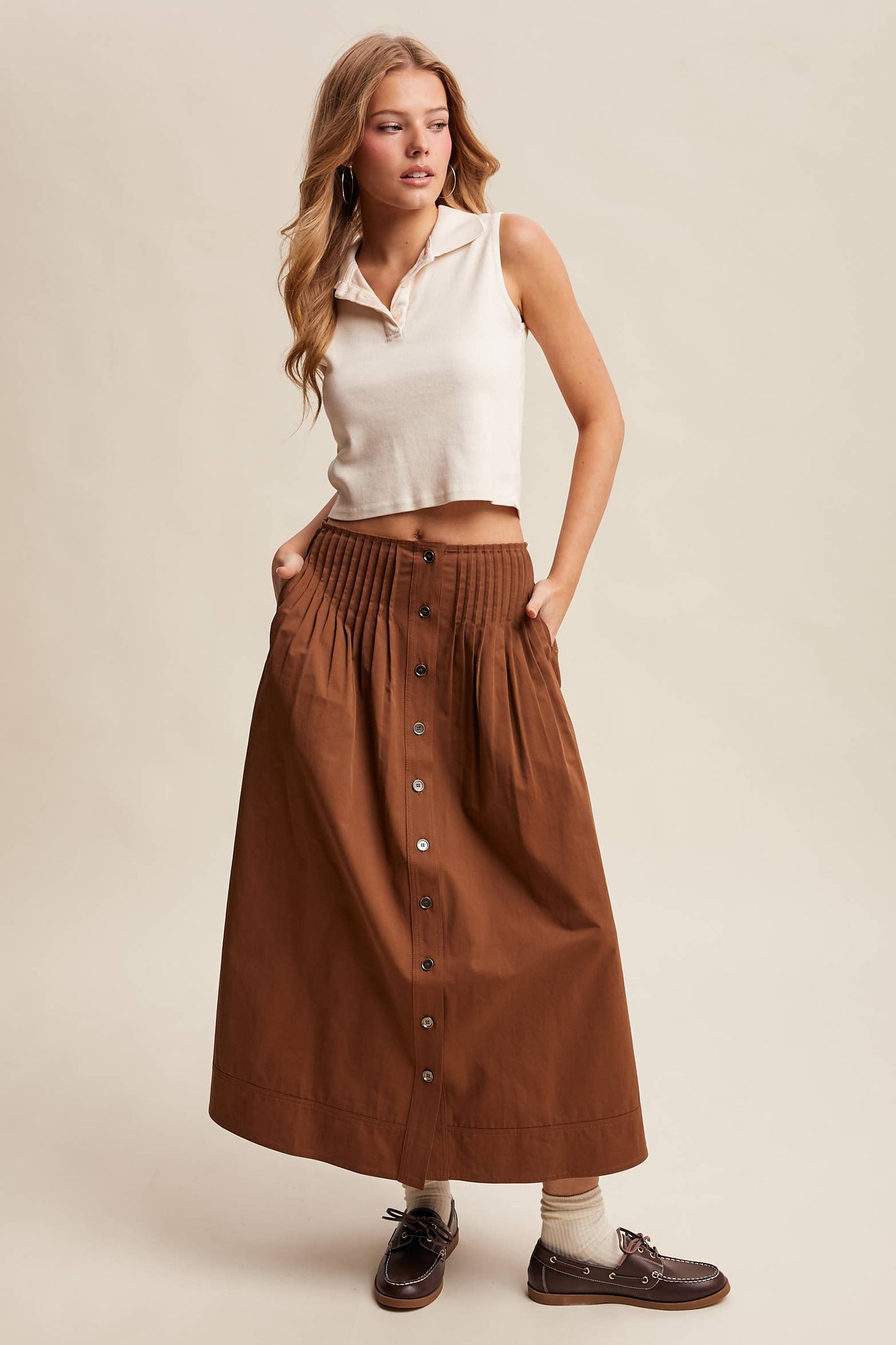 Button Front Pleated Waist Maxi Skirt