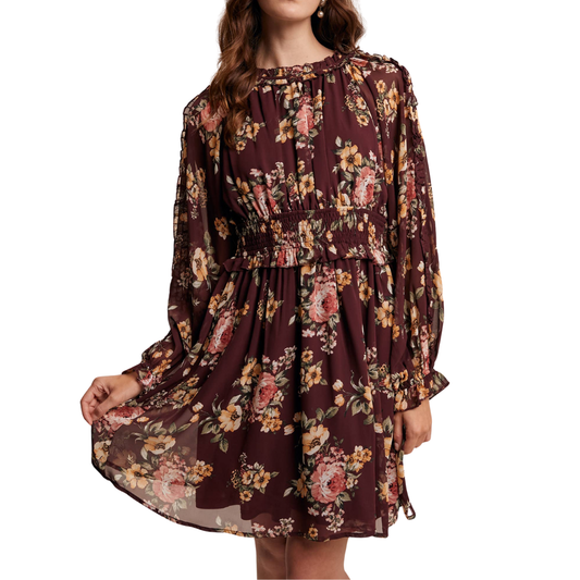 Floral Smocked Waist Chiffon Dress