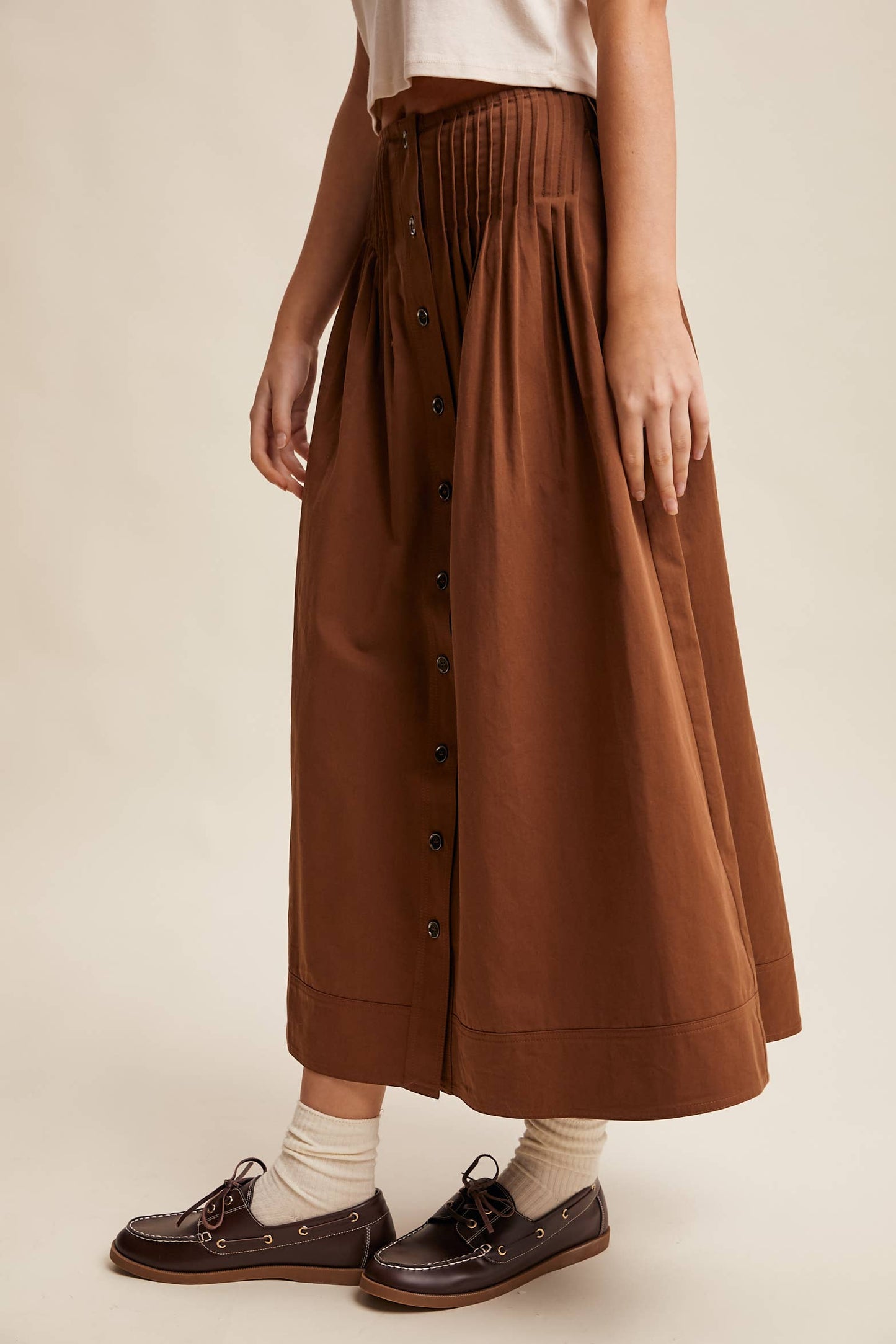 Button Front Pleated Waist Maxi Skirt