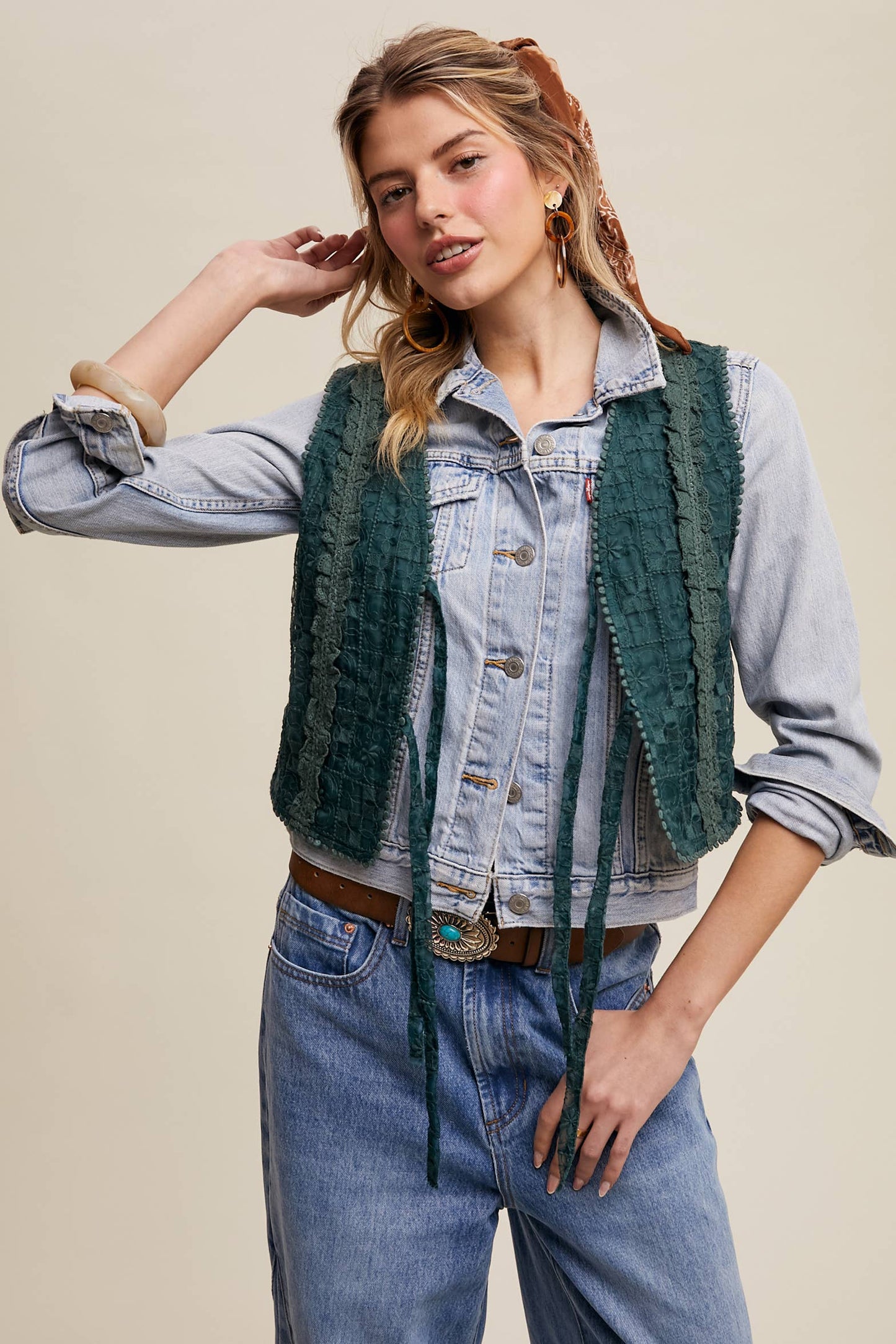 Embroidered Lace Tie-Front Vest