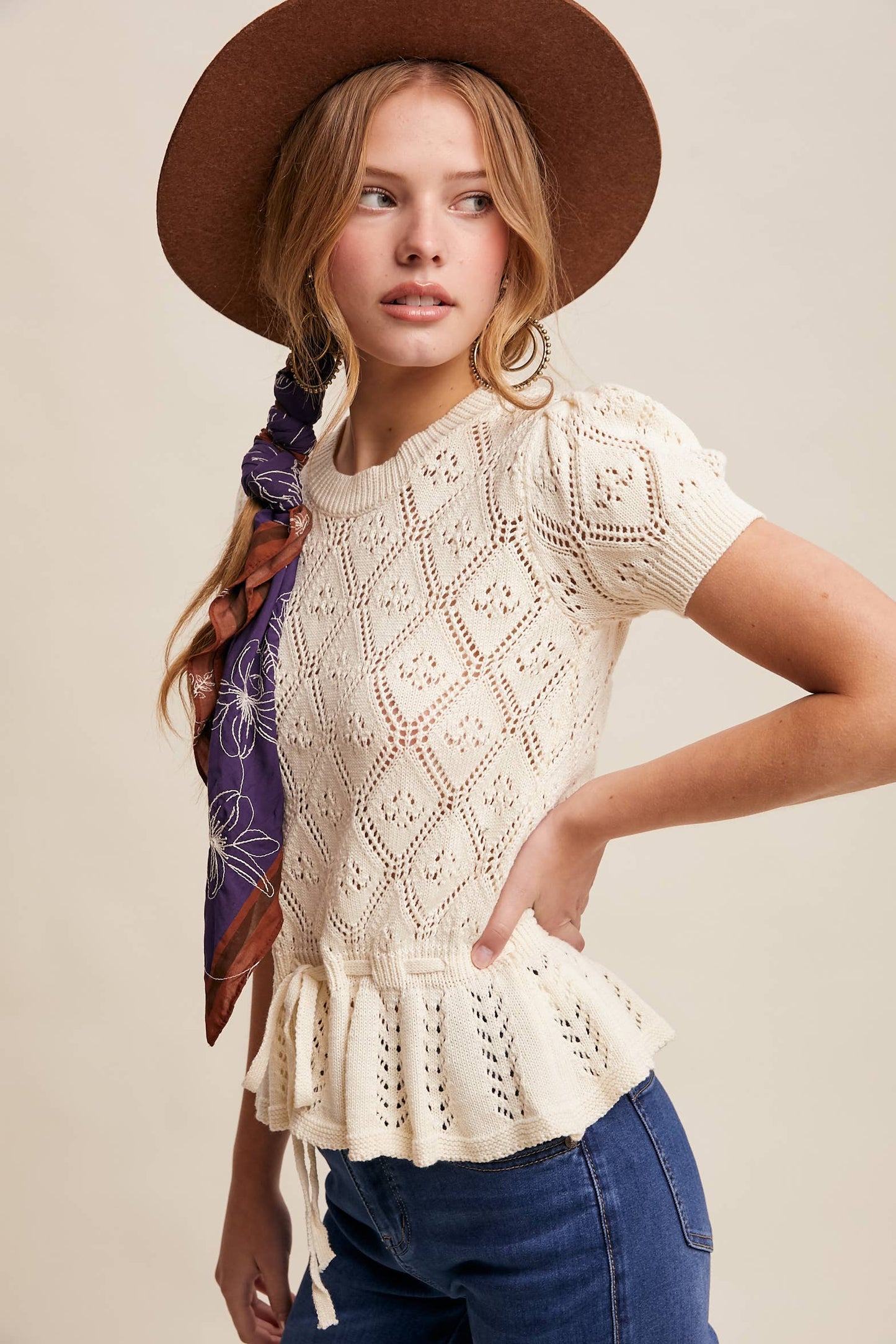 Pointelle Knit Peplum Top