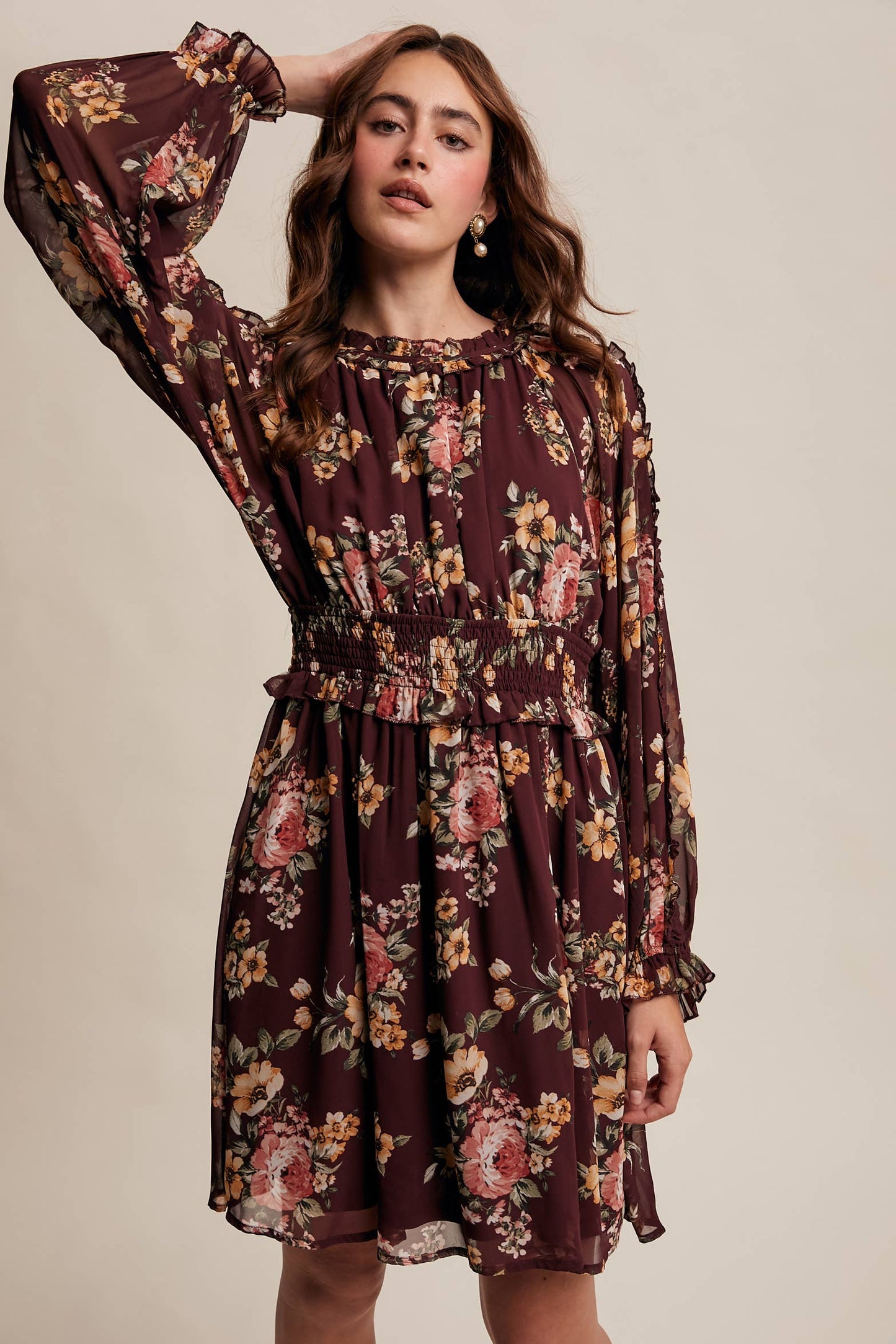 Floral Smocked Waist Chiffon Dress