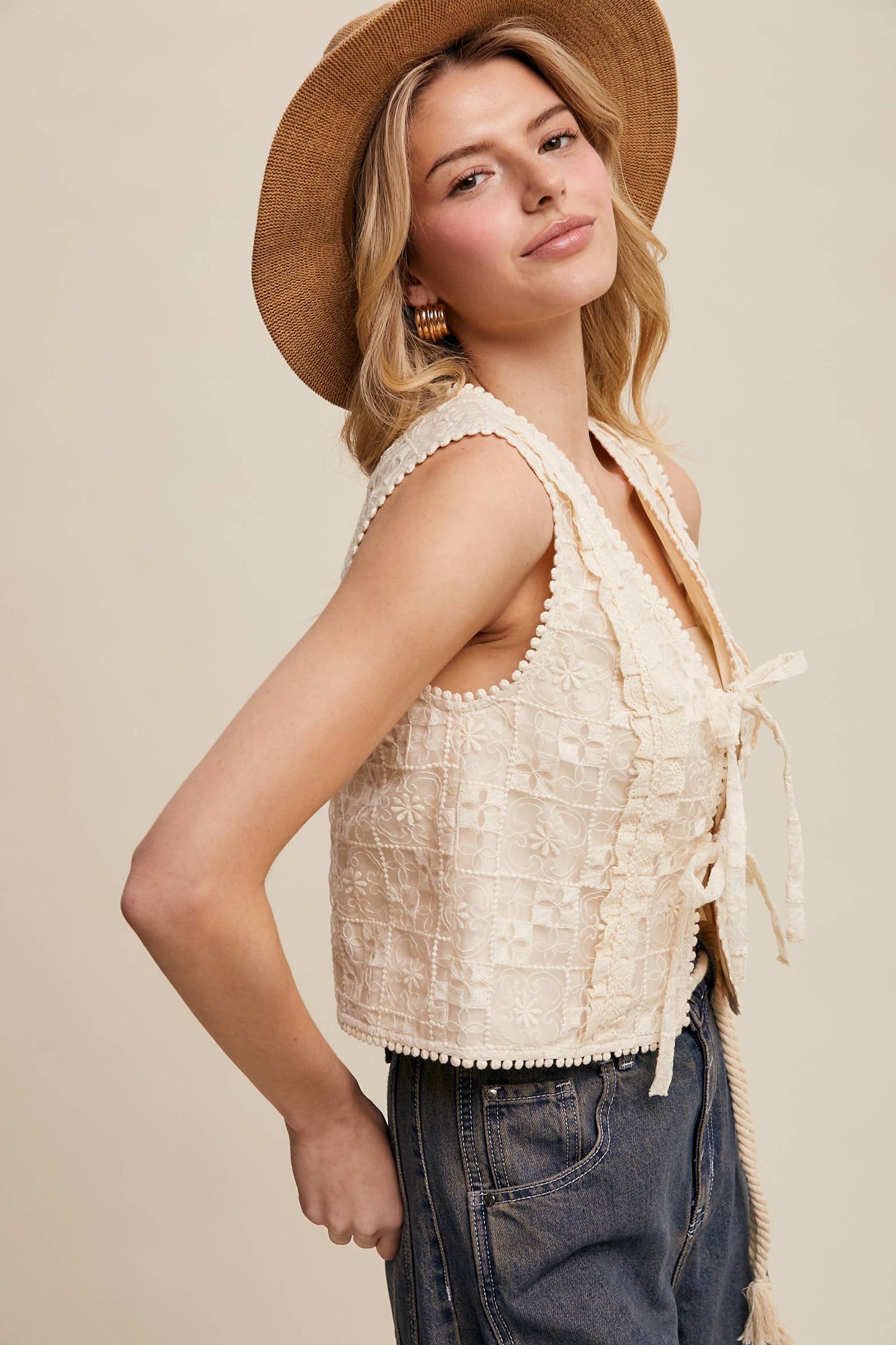 Embroidered Lace Tie-Front Vest