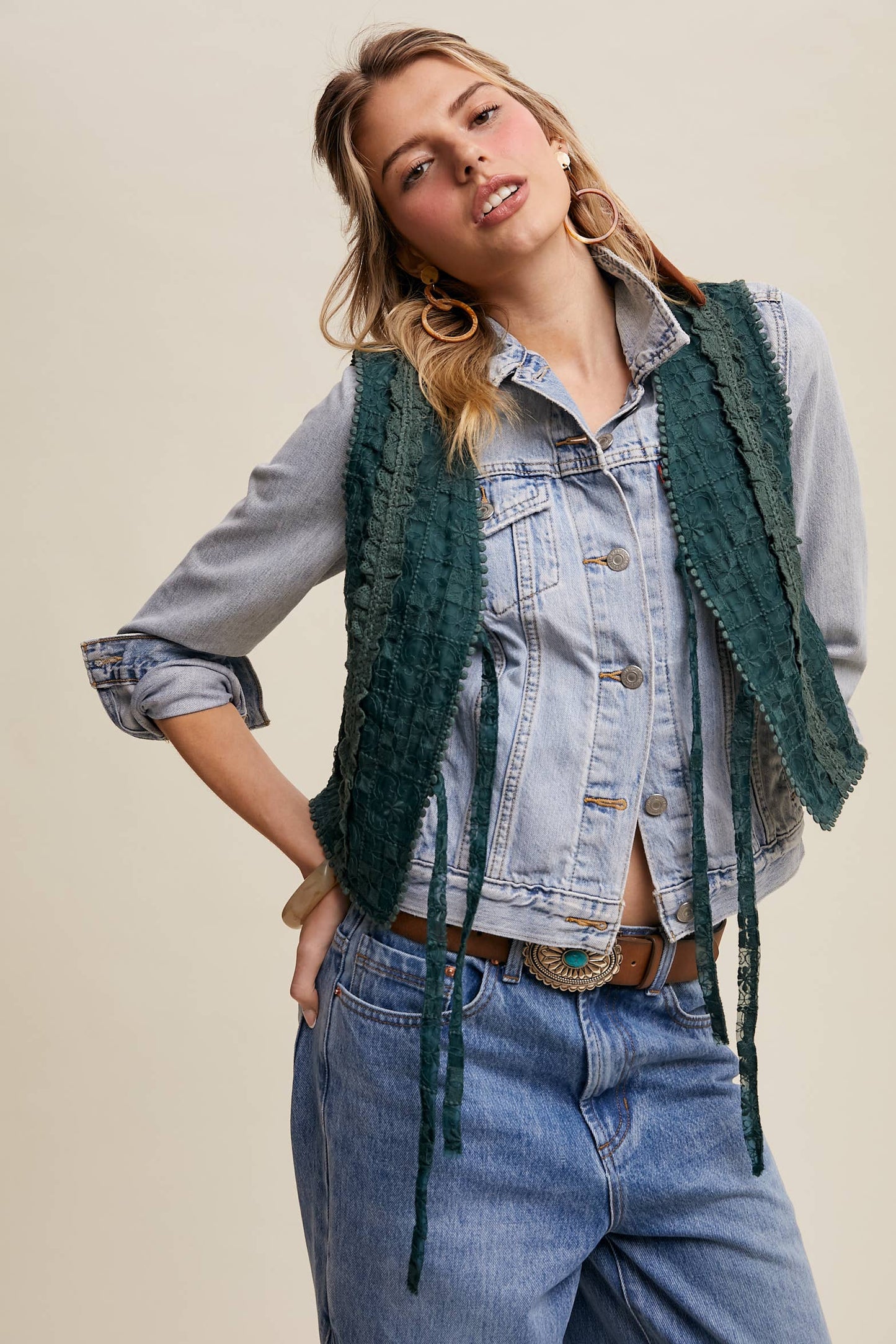 Embroidered Lace Tie-Front Vest
