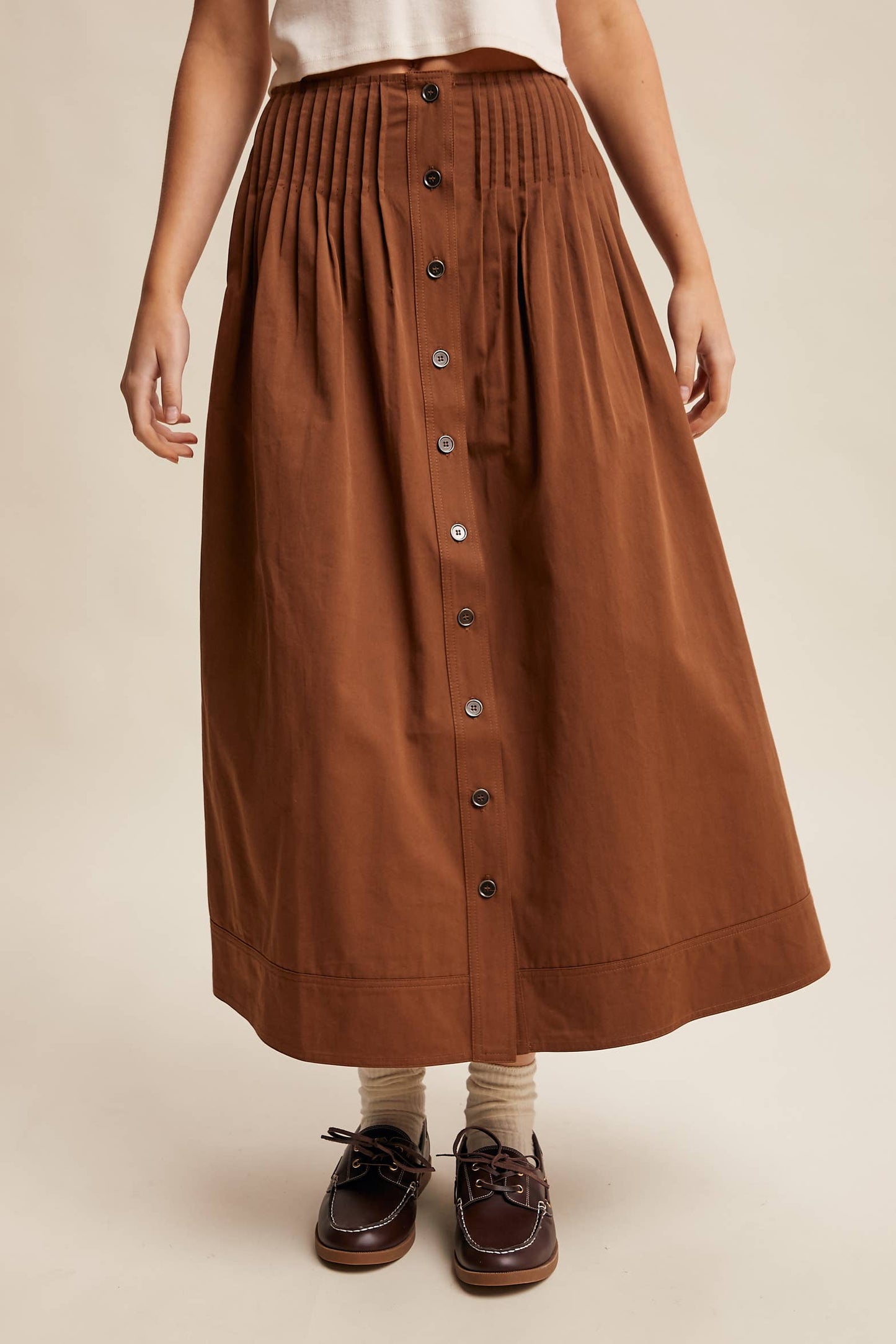 Button Front Pleated Waist Maxi Skirt