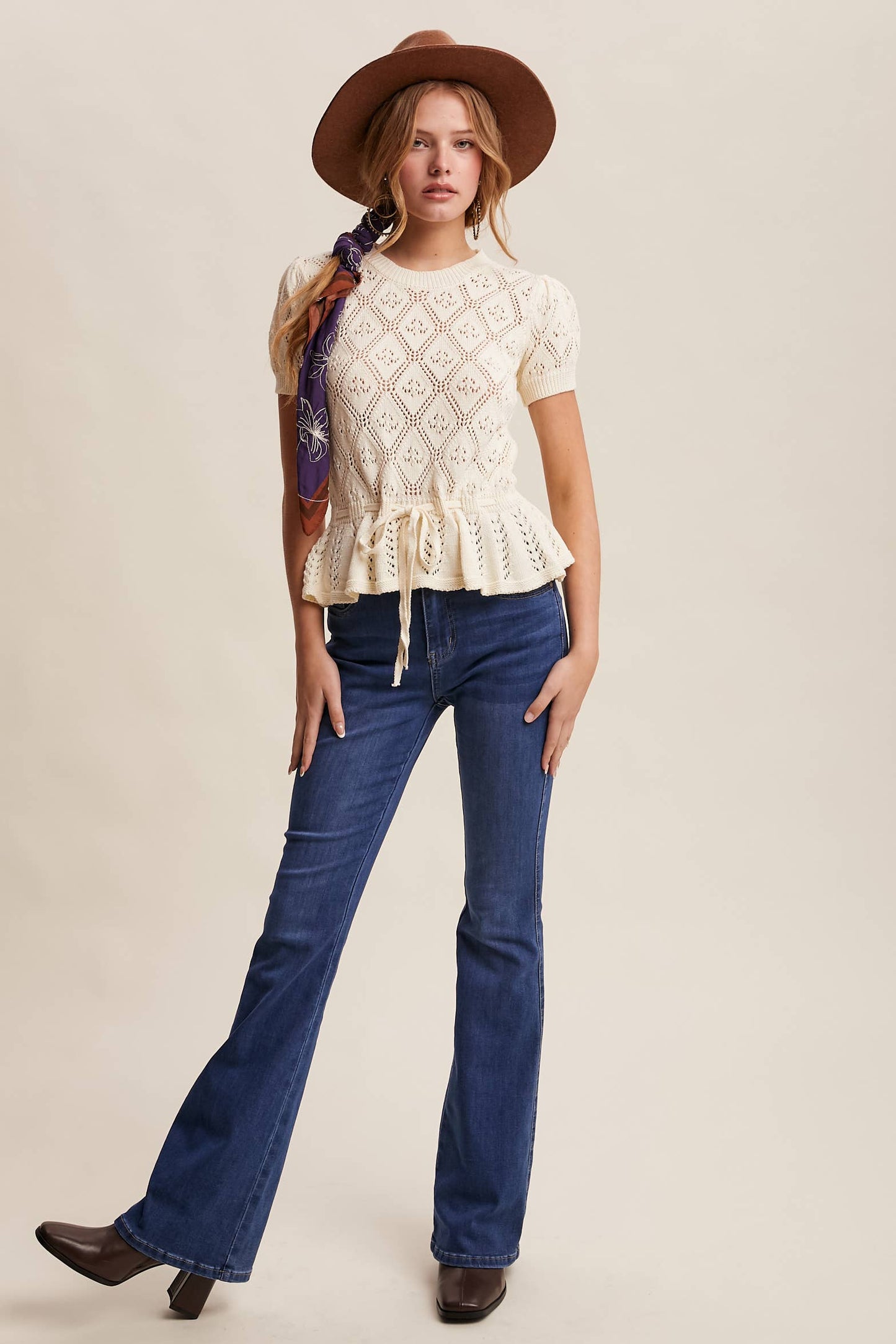 Pointelle Knit Peplum Top