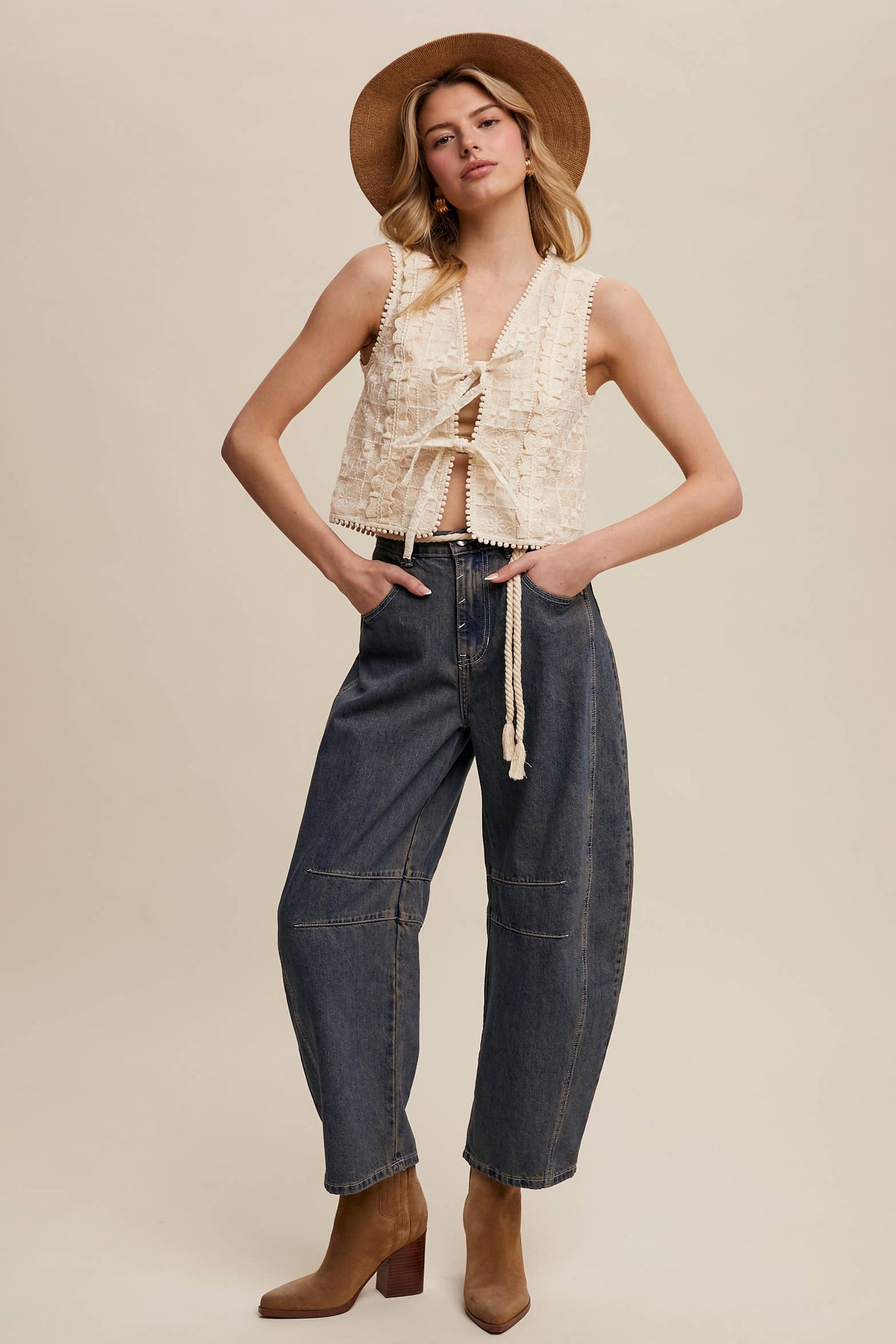 Embroidered Lace Tie-Front Vest