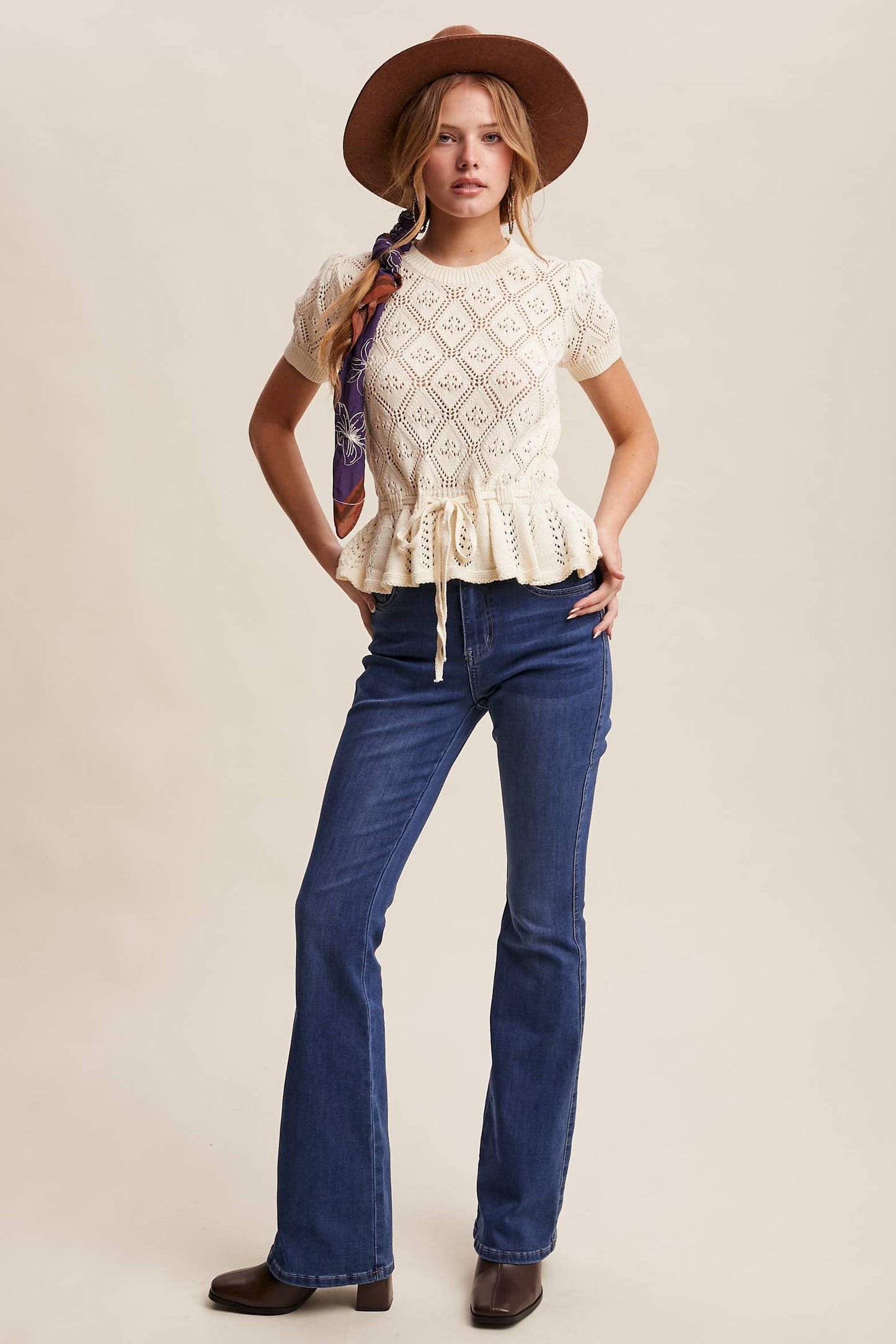 Pointelle Knit Peplum Top