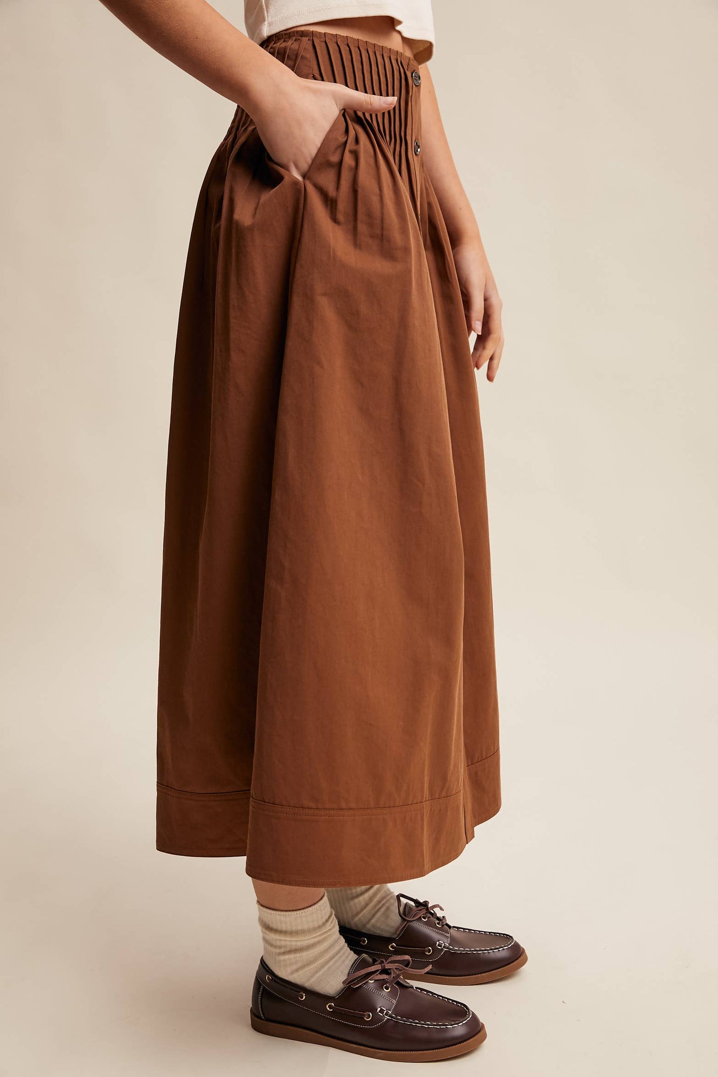 Button Front Pleated Waist Maxi Skirt