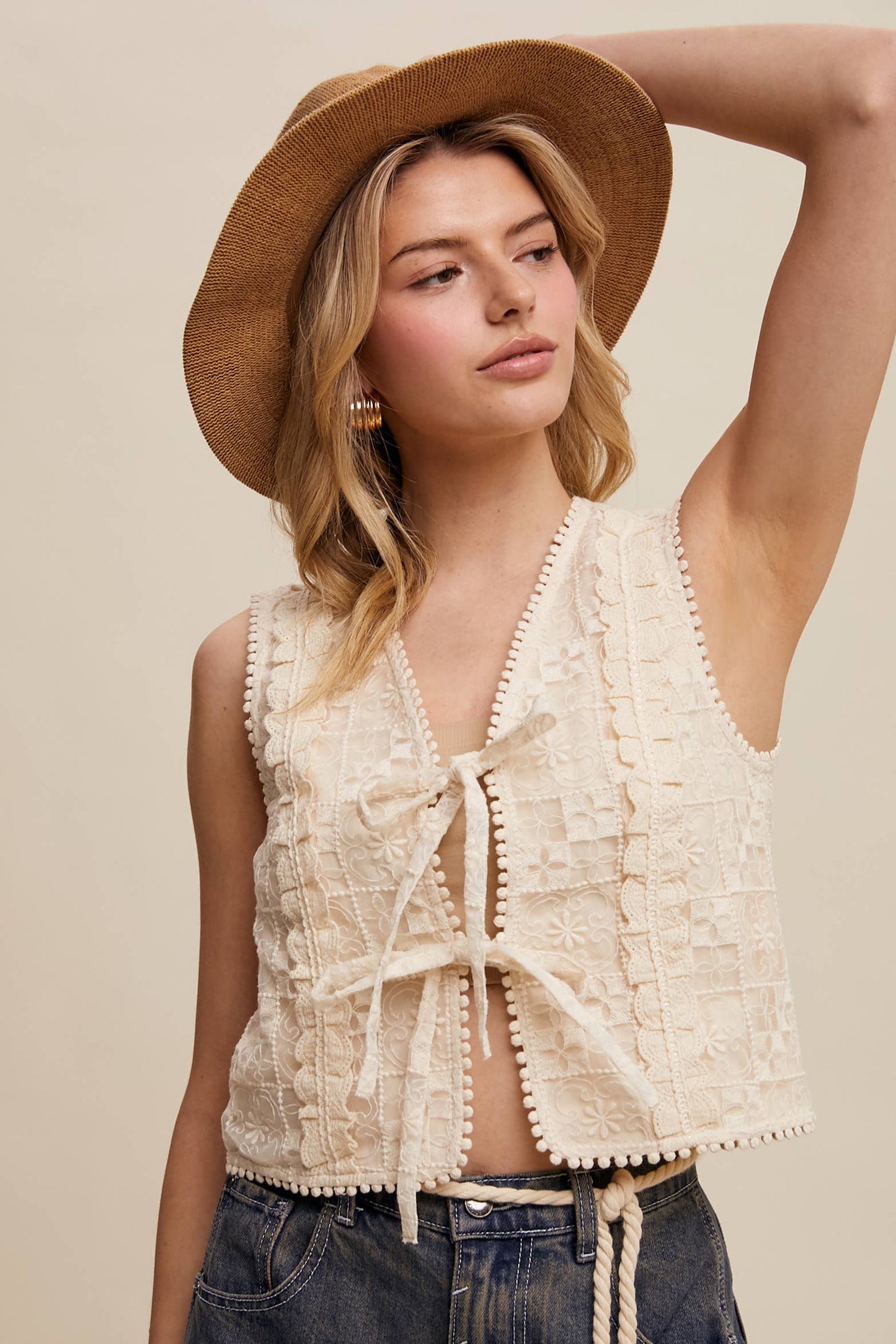 Embroidered Lace Tie-Front Vest