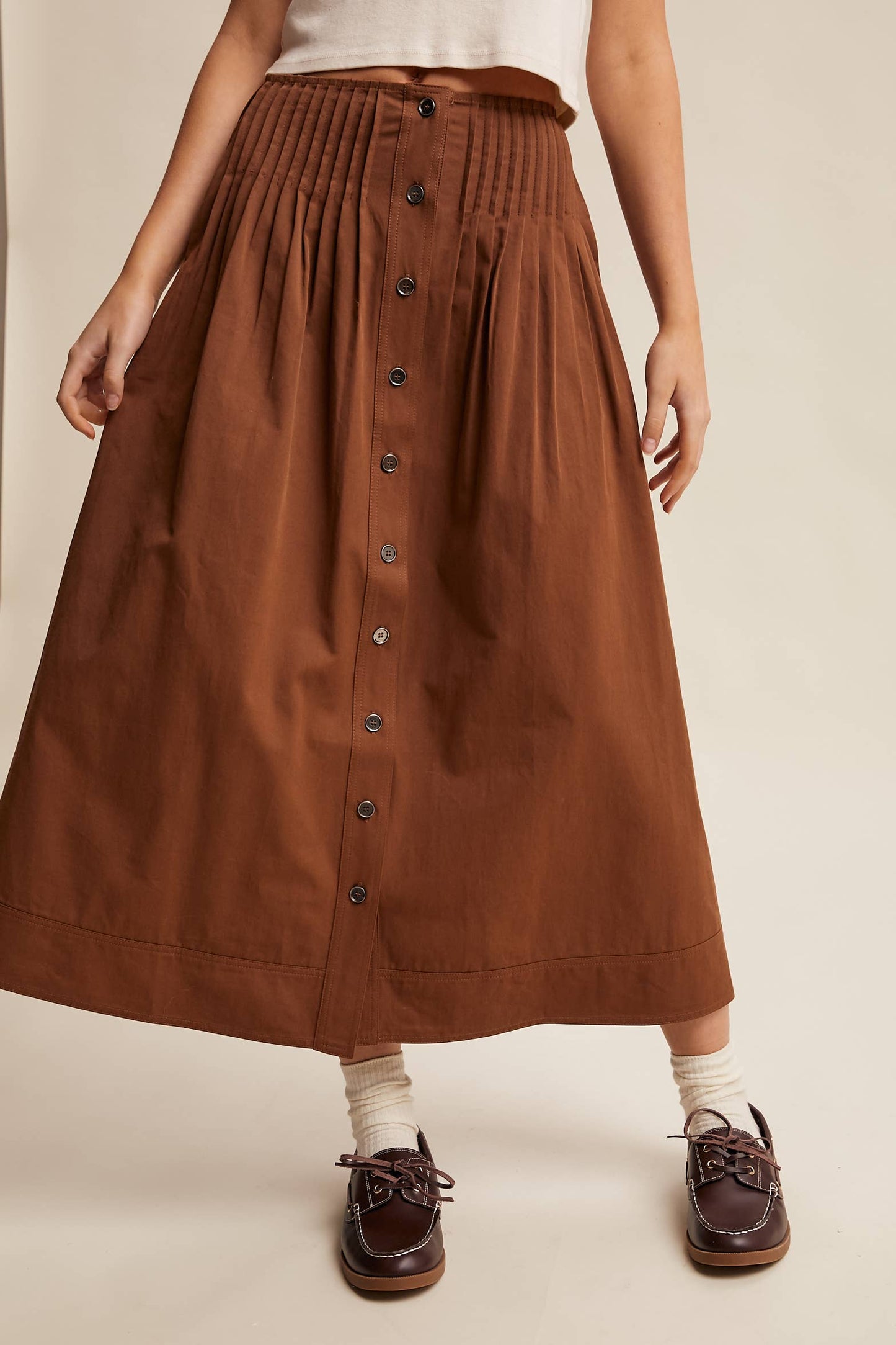 Button Front Pleated Waist Maxi Skirt