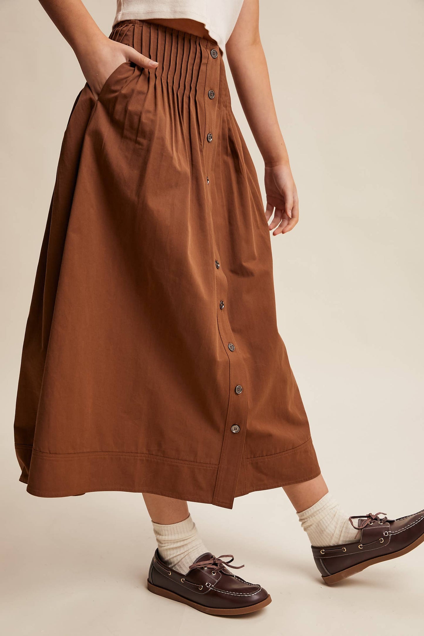 Button Front Pleated Waist Maxi Skirt